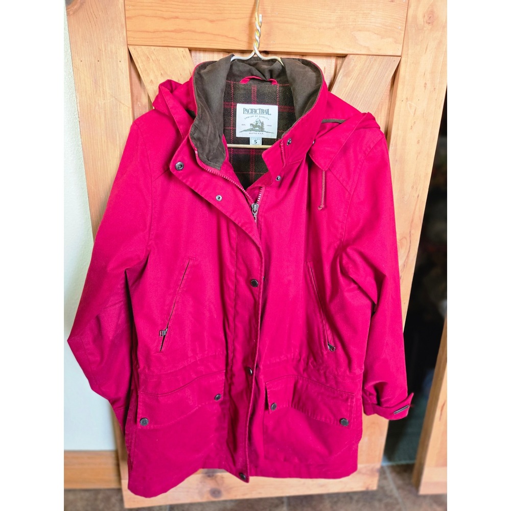 Pacific Trail Womens Red Hooded Parka Jacket Plaid Lined Small Utility Coat